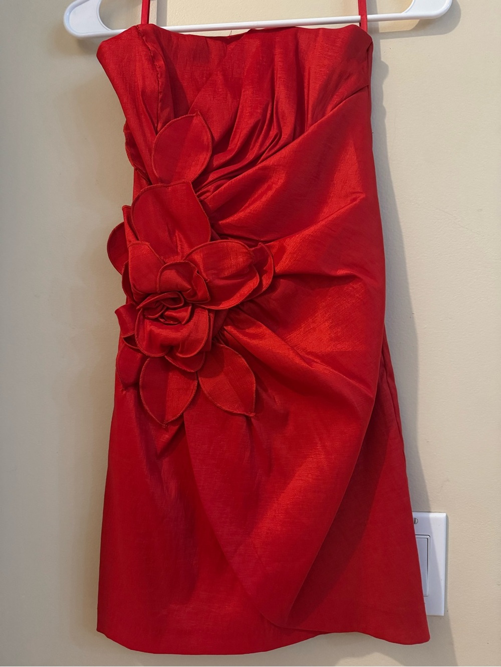 Cache Red Strapless Mini Dress with Floral Applique